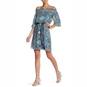 Eliza J Smocked Off-the-Shoulder Paisley Dress